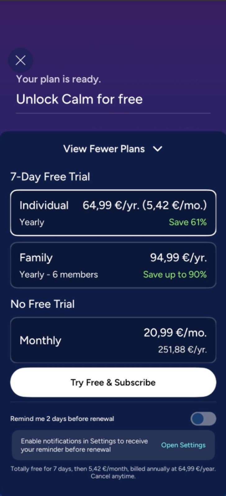 Calm paywall