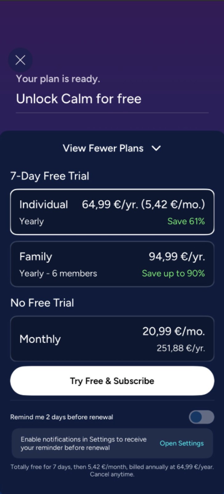 Calm paywall screenshot