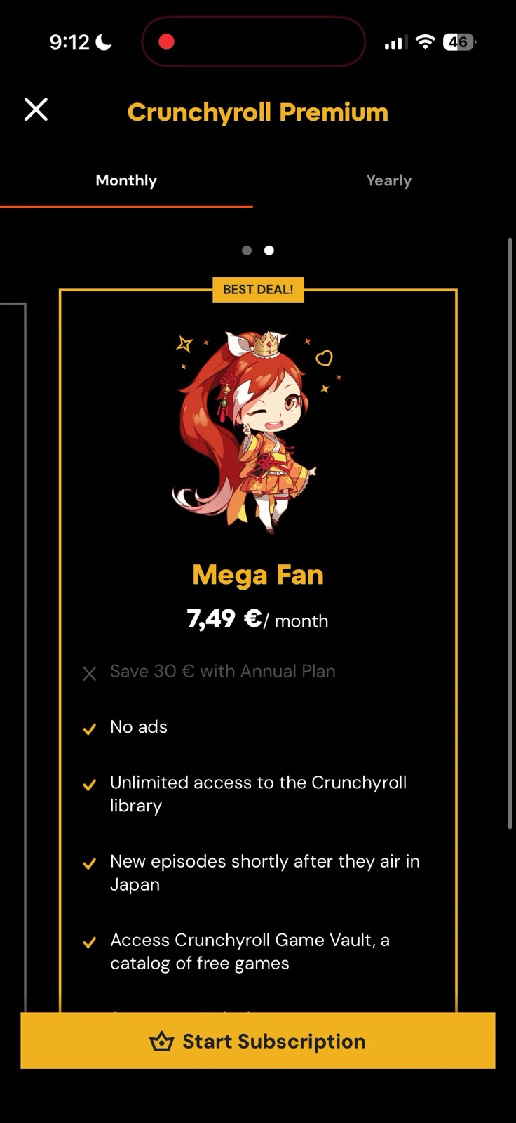 Crunchyroll paywall screenshot