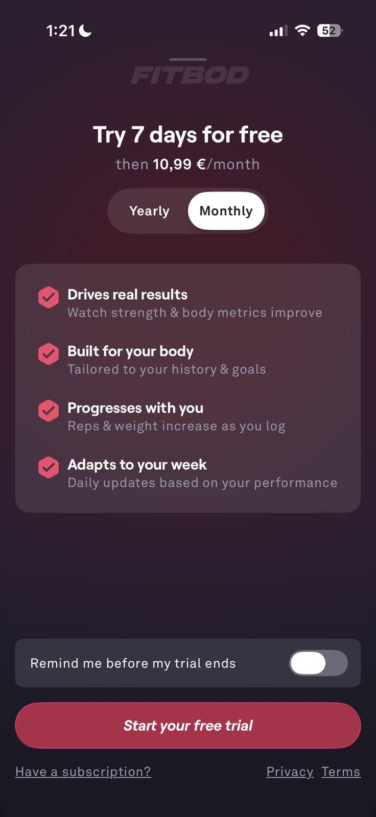 Fitbod paywall screenshot