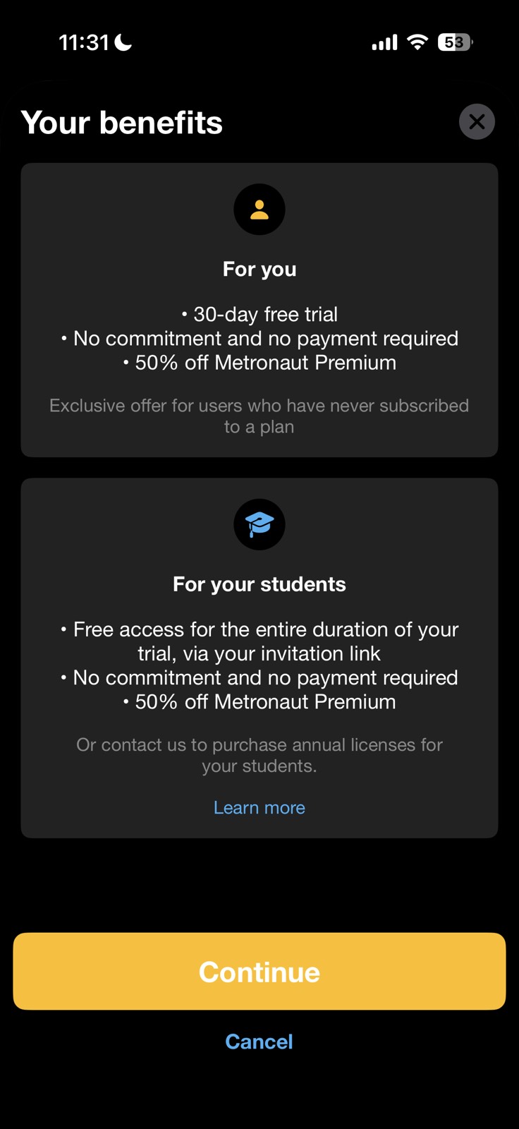 Metronaut paywall screenshot