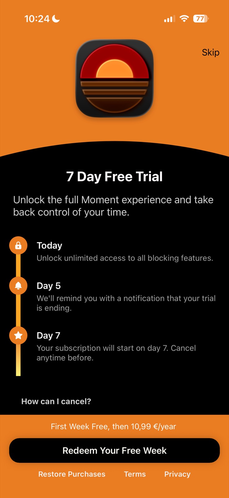 Moment paywall screenshot