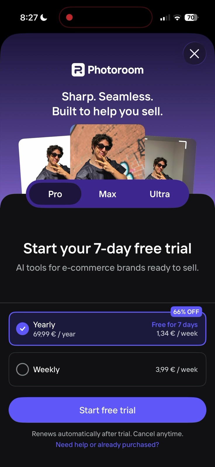 Photoroom paywall screenshot