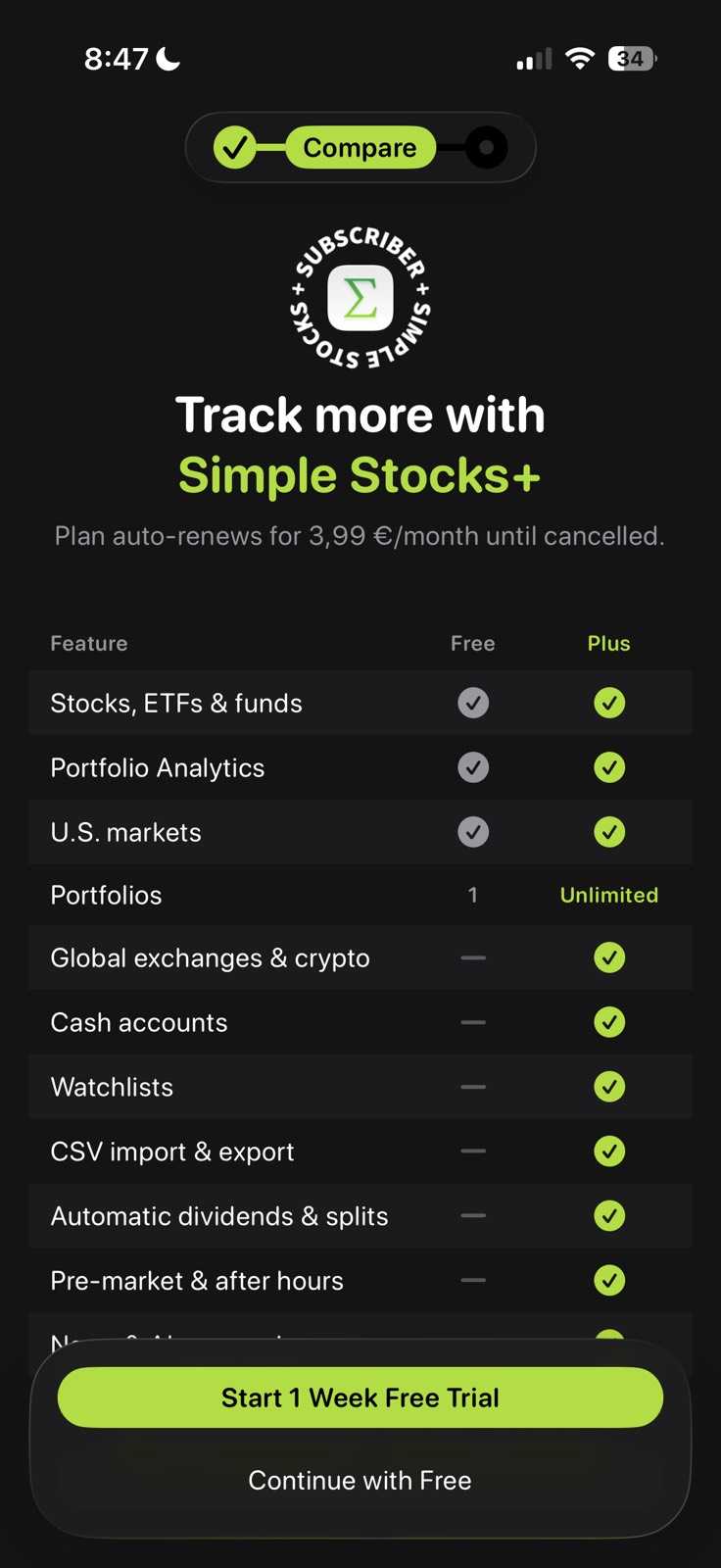 Simple Stocks paywall screenshot