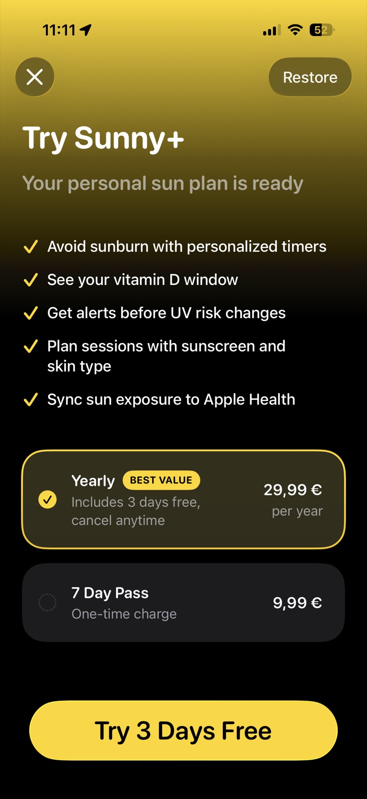 Sunny paywall screenshot