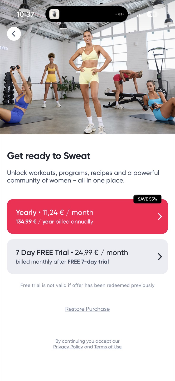 Sweat paywall screenshot